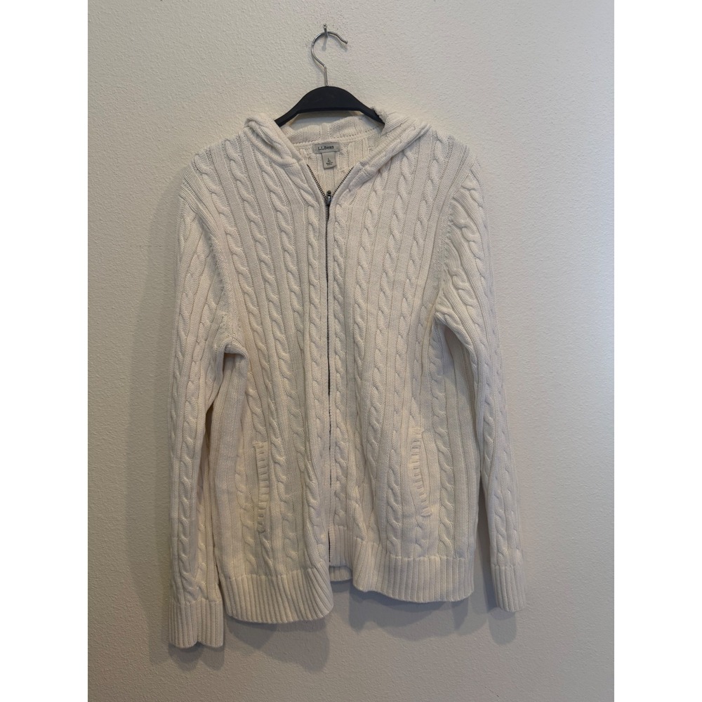 LL Bean Mens Large Cream Cable Knit Full Zip Hooded Sweater 100% Cotton 292538
